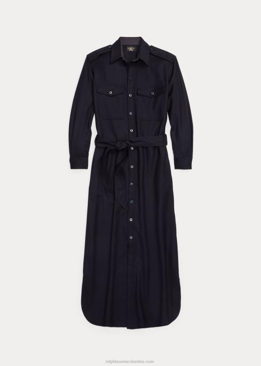 vestido camisero de franela en mezcla de lana con cinturón mujer azul marino oscuro Ralph Lauren 2XR2V3671