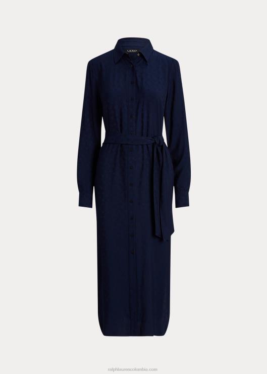 vestido camisero en jacquard con logo y cinturón mujer azul marino refinado Ralph Lauren 2XR2V4419