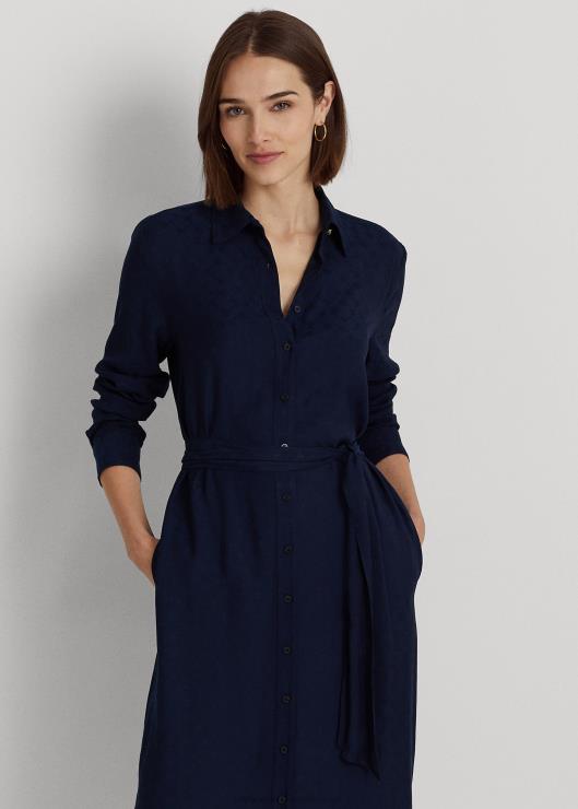 vestido camisero en jacquard con logo y cinturón mujer azul marino refinado Ralph Lauren 2XR2V4419