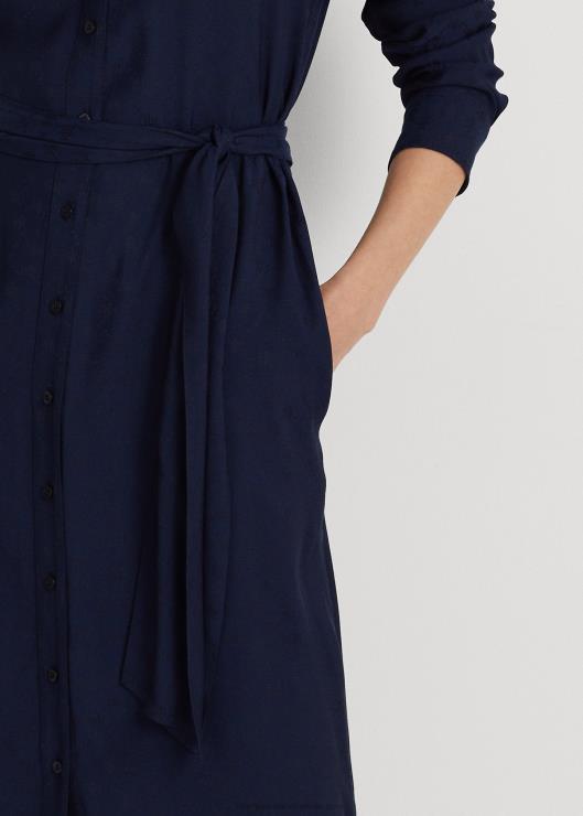 vestido camisero en jacquard con logo y cinturón mujer azul marino refinado Ralph Lauren 2XR2V4419