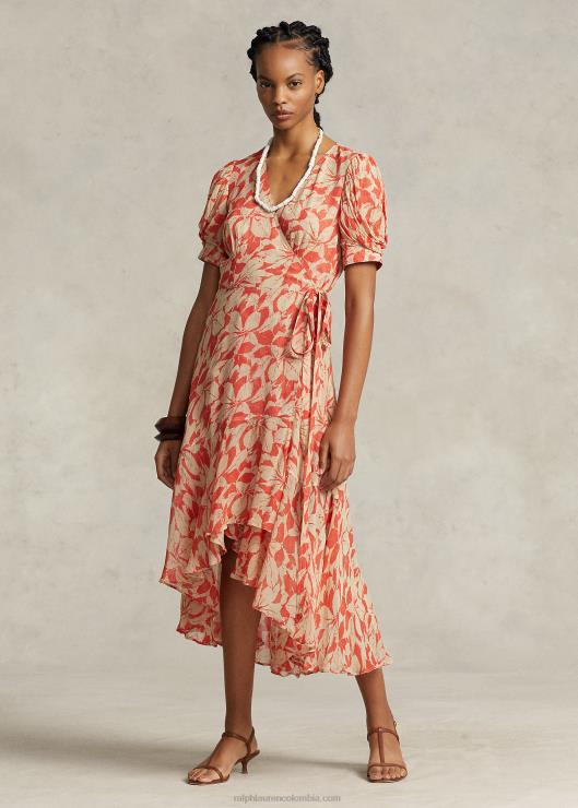 vestido cruzado con estampado de georgette arrugado mujer impresión de hojas de abedul Ralph Lauren 2XR2V3214