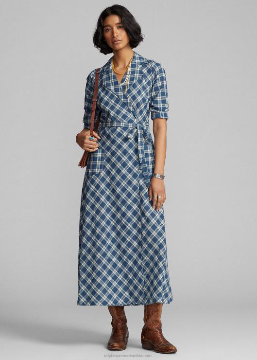 vestido cruzado de gasa de algodón a cuadros mujer azul/crema Ralph Lauren 2XR2V3655