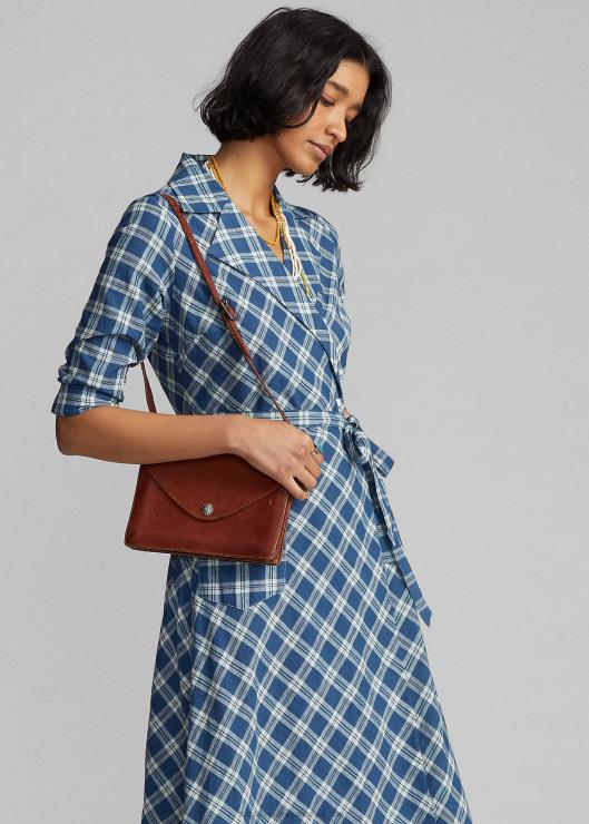 vestido cruzado de gasa de algodón a cuadros mujer azul/crema Ralph Lauren 2XR2V3655