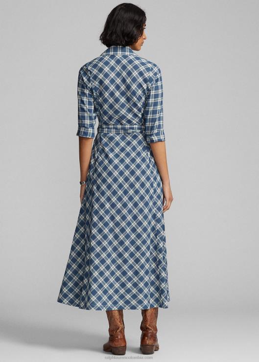 vestido cruzado de gasa de algodón a cuadros mujer azul/crema Ralph Lauren 2XR2V3655