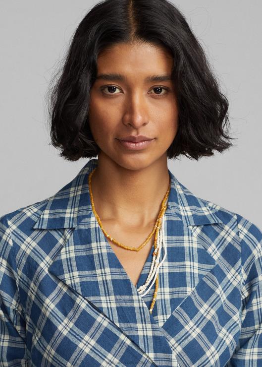 vestido cruzado de gasa de algodón a cuadros mujer azul/crema Ralph Lauren 2XR2V3655