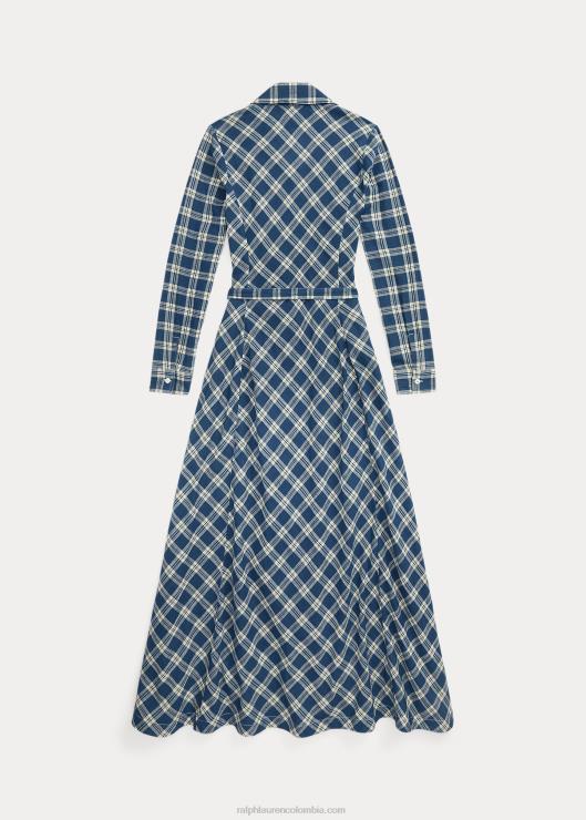vestido cruzado de gasa de algodón a cuadros mujer azul/crema Ralph Lauren 2XR2V3655