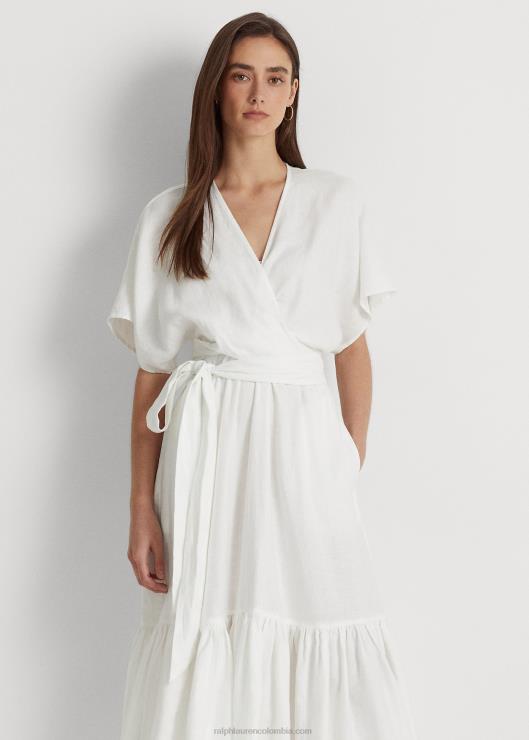 vestido cruzado de lino con cinturón mujer blanco Ralph Lauren 2XR2V3887