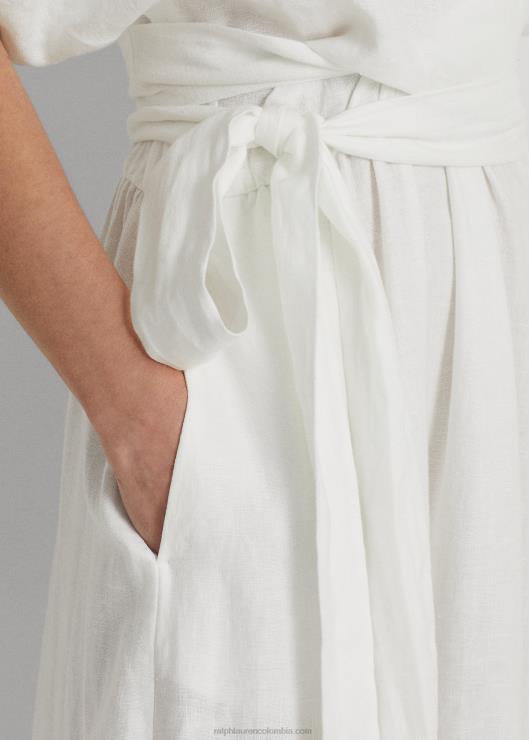 vestido cruzado de lino con cinturón mujer blanco Ralph Lauren 2XR2V3887