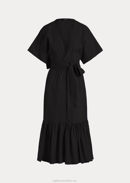 vestido cruzado de lino con cinturón mujer negro Ralph Lauren 2XR2V3886