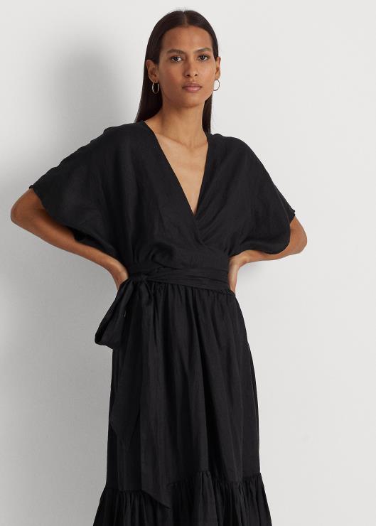 vestido cruzado de lino con cinturón mujer negro Ralph Lauren 2XR2V3886