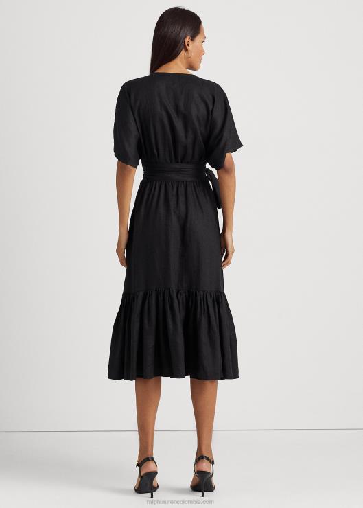 vestido cruzado de lino con cinturón mujer negro Ralph Lauren 2XR2V3886