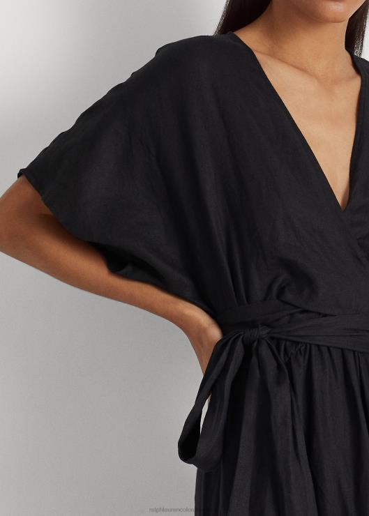 vestido cruzado de lino con cinturón mujer negro Ralph Lauren 2XR2V3886