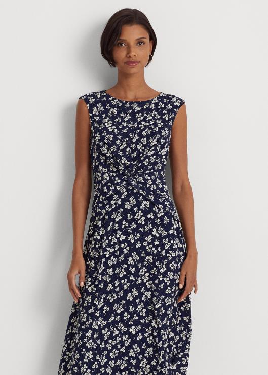vestido de crepé con estampado de hojas mujer azul marino/crema Ralph Lauren 2XR2V4048