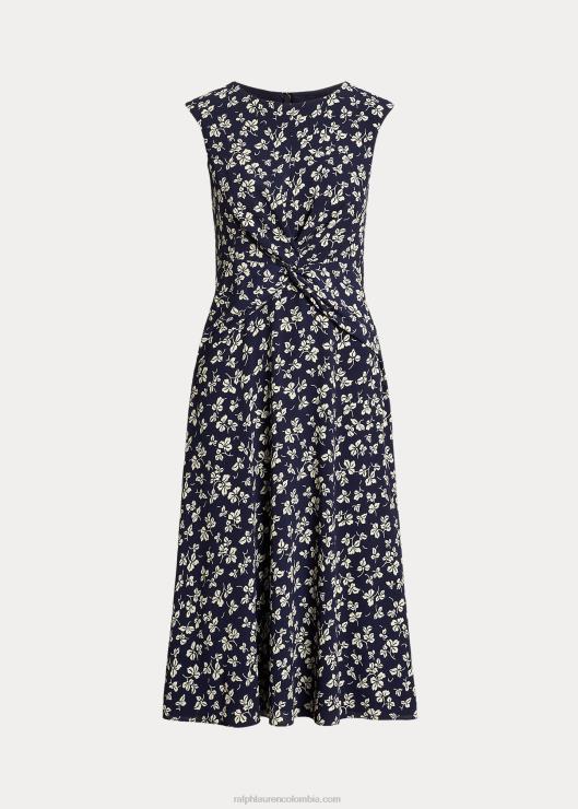 vestido de crepé con estampado de hojas mujer azul marino/crema Ralph Lauren 2XR2V4444