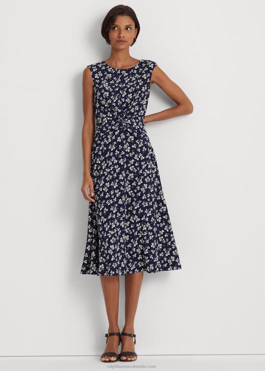 vestido de crepé con estampado de hojas mujer azul marino/crema Ralph Lauren 2XR2V4444