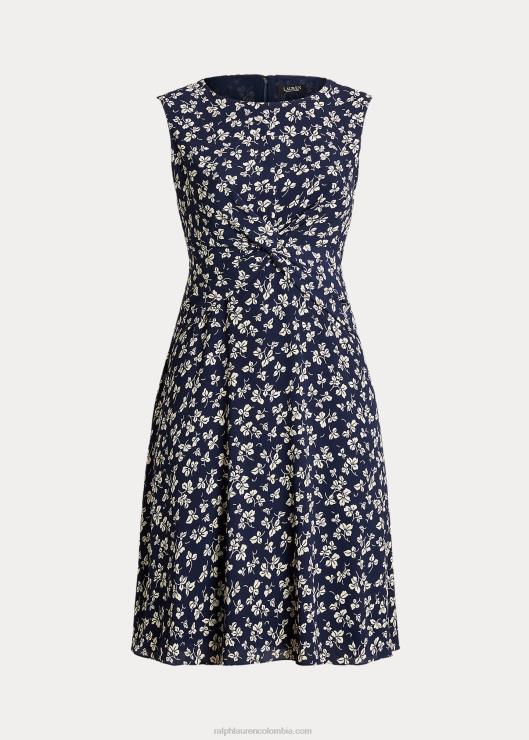 vestido de crepé con estampado de hojas mujer azul marino/crema Ralph Lauren 2XR2V4649