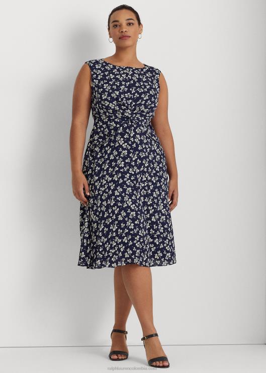 vestido de crepé con estampado de hojas mujer azul marino/crema Ralph Lauren 2XR2V4649