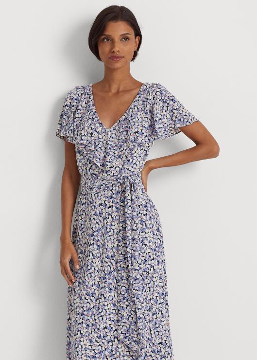 vestido de crepé floral con cinturón mujer azul/crema/rosa Ralph Lauren 2XR2V4098