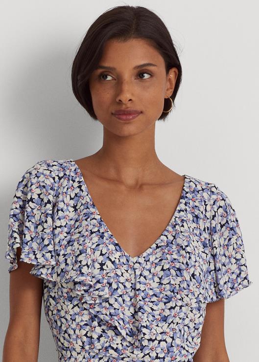 vestido de crepé floral con cinturón mujer azul/crema/rosa Ralph Lauren 2XR2V4098