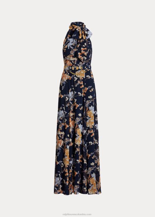 vestido de fiesta de georgette con cinturón floral mujer azul marino multi Ralph Lauren 2XR2V4079