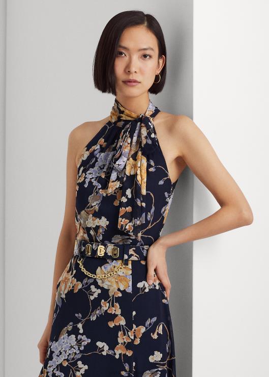 vestido de fiesta de georgette con cinturón floral mujer azul marino multi Ralph Lauren 2XR2V4079