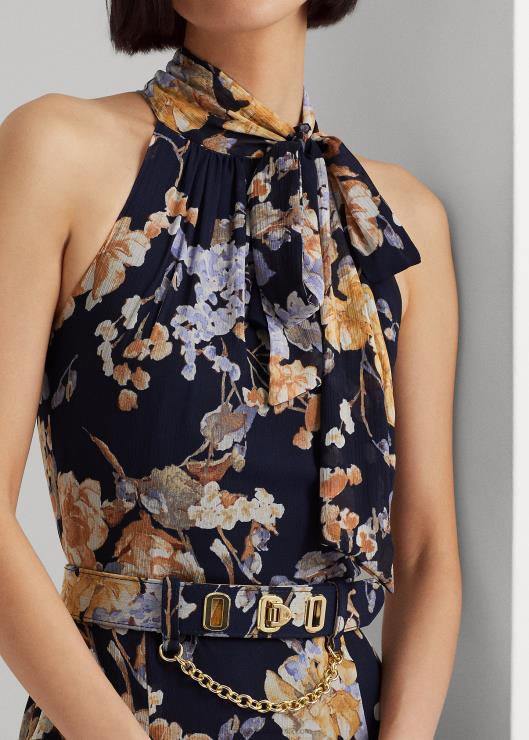 vestido de fiesta de georgette con cinturón floral mujer azul marino multi Ralph Lauren 2XR2V4079