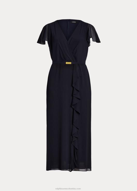 vestido de fiesta de georgette con cinturón y mangas acampanadas mujer faro azul marino Ralph Lauren 2XR2V4684