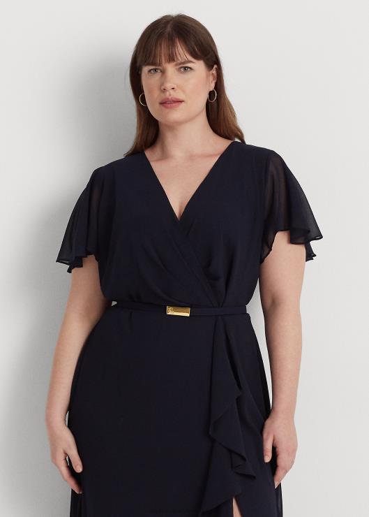 vestido de fiesta de georgette con cinturón y mangas acampanadas mujer faro azul marino Ralph Lauren 2XR2V4684