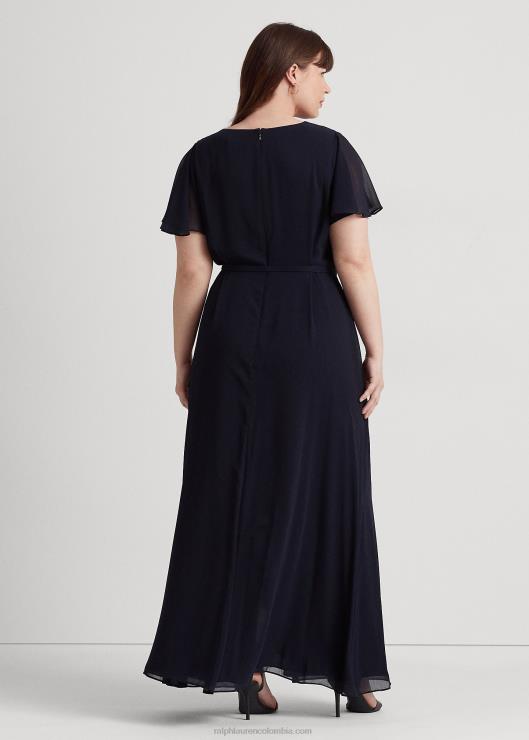 vestido de fiesta de georgette con cinturón y mangas acampanadas mujer faro azul marino Ralph Lauren 2XR2V4684