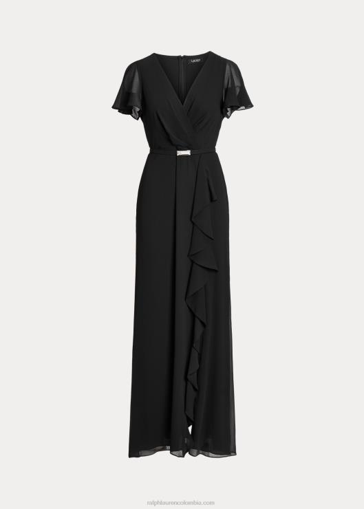 vestido de fiesta de georgette con cinturón y mangas acampanadas mujer negro Ralph Lauren 2XR2V4439