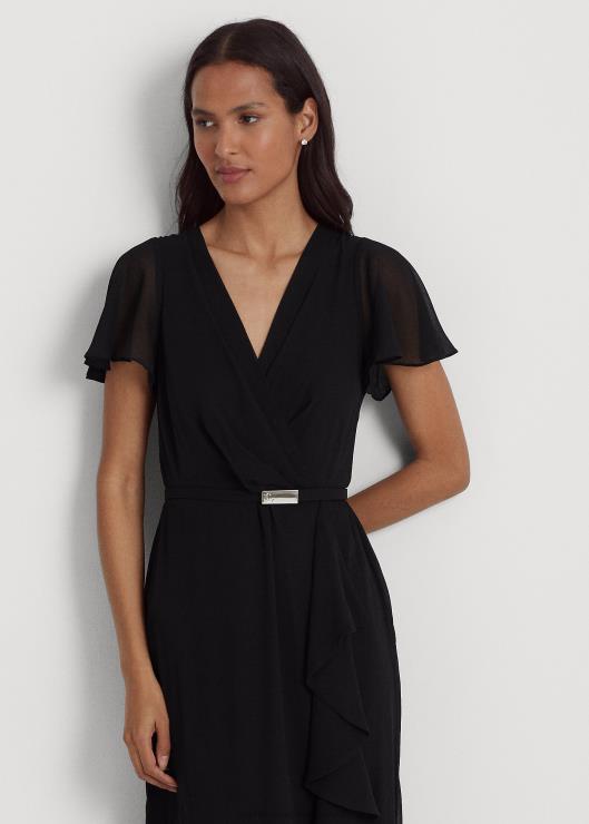 vestido de fiesta de georgette con cinturón y mangas acampanadas mujer negro Ralph Lauren 2XR2V4439