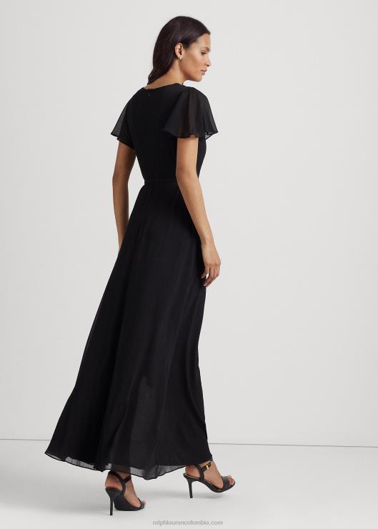 vestido de fiesta de georgette con cinturón y mangas acampanadas mujer negro Ralph Lauren 2XR2V4439