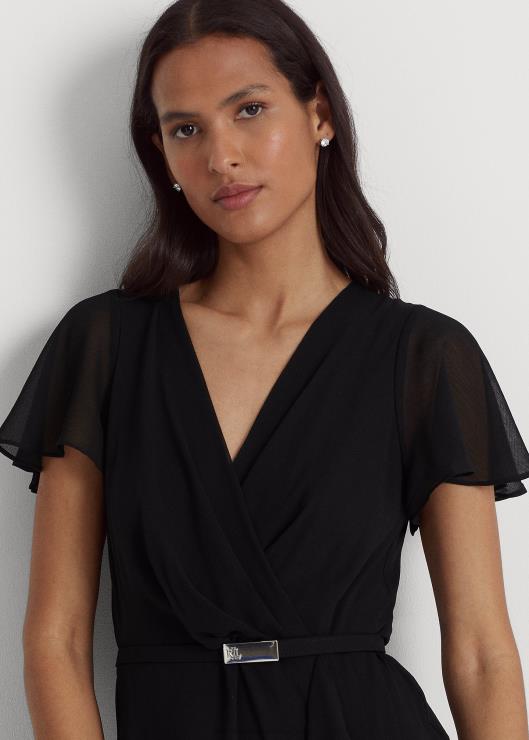 vestido de fiesta de georgette con cinturón y mangas acampanadas mujer negro Ralph Lauren 2XR2V4439