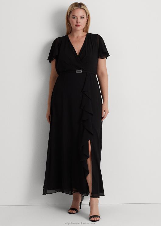vestido de fiesta de georgette con cinturón y mangas acampanadas mujer negro Ralph Lauren 2XR2V4683