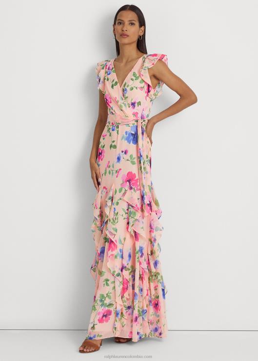 vestido de fiesta floral con ribete de volantes mujer rosa multi Ralph Lauren 2XR2V4062