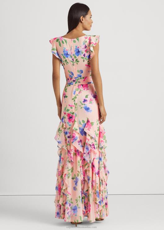 vestido de fiesta floral con ribete de volantes mujer rosa multi Ralph Lauren 2XR2V4406