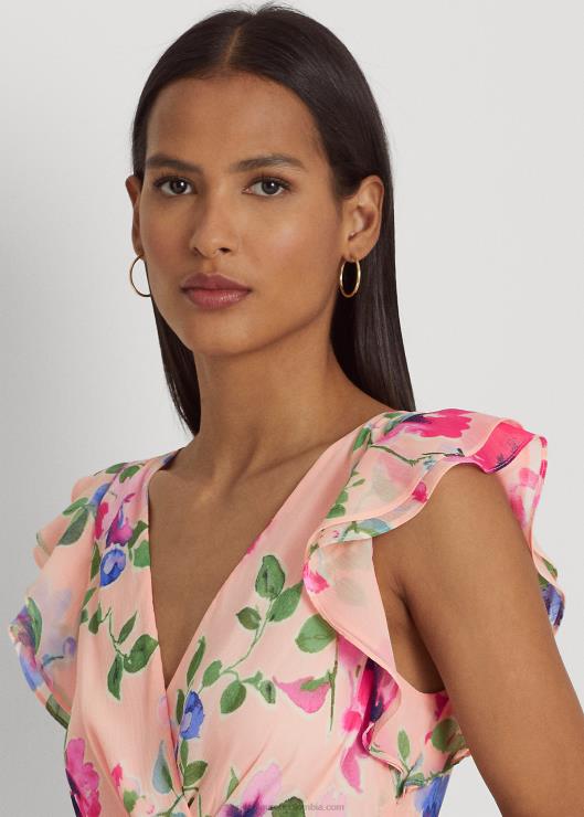 vestido de fiesta floral con ribete de volantes mujer rosa multi Ralph Lauren 2XR2V4406