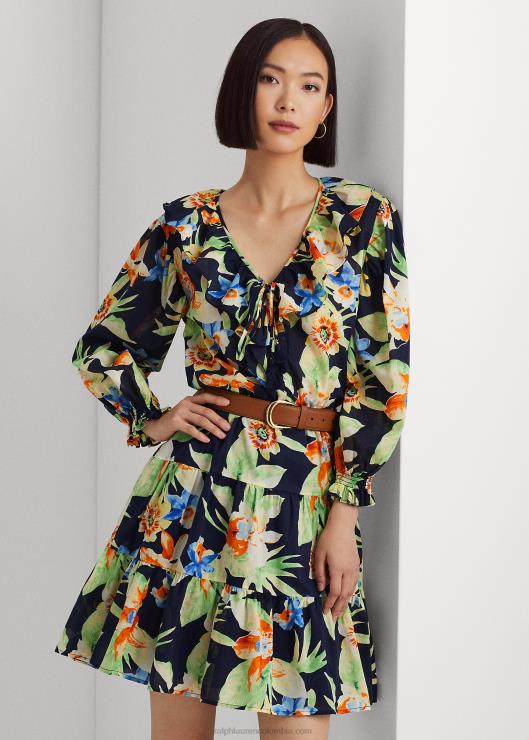 vestido de gasa de algodón floral mujer azul marino multi Ralph Lauren 2XR2V4883