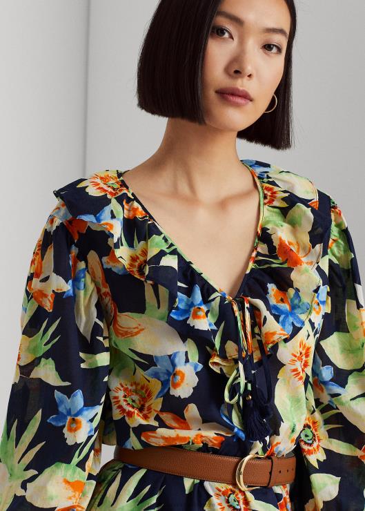 vestido de gasa de algodón floral mujer azul marino multi Ralph Lauren 2XR2V4883