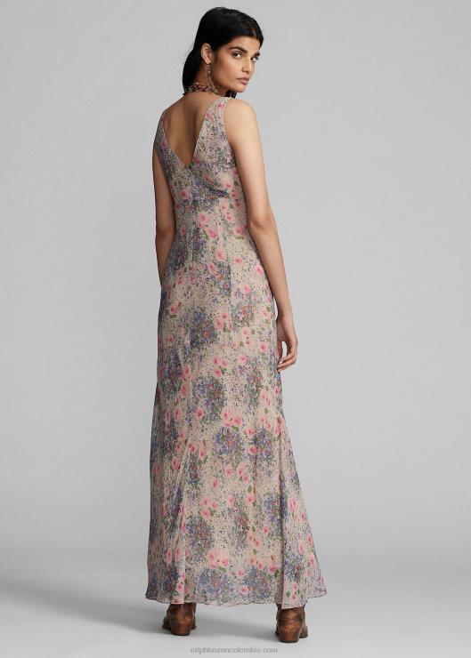vestido de gasa de seda arrugada floral mujer multicolor/bronceado Ralph Lauren 2XR2V3651