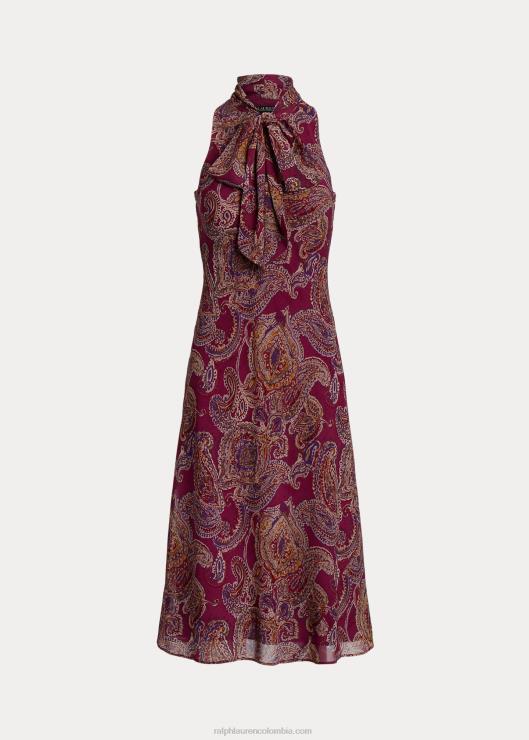 vestido de georgette arrugado con cachemira y lazo en el cuello mujer burdeos multi Ralph Lauren 2XR2V4278