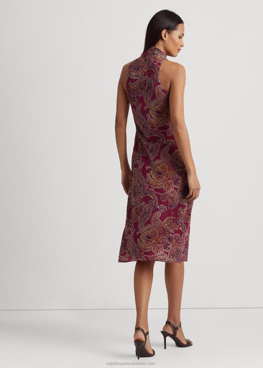 vestido de georgette arrugado con cachemira y lazo en el cuello mujer burdeos multi Ralph Lauren 2XR2V4278