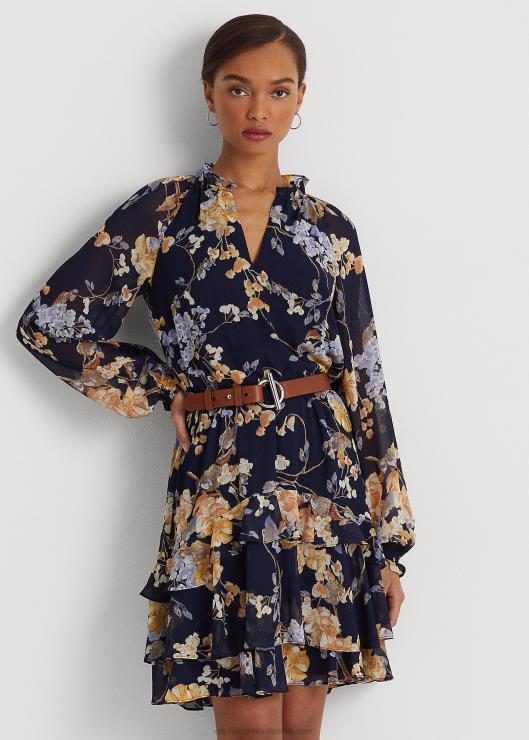 vestido de georgette arrugado con cinturón floral mujer azul marino multi Ralph Lauren 2XR2V4094