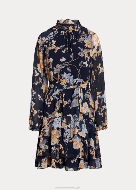 vestido de georgette arrugado con cinturón floral mujer azul marino multi Ralph Lauren 2XR2V4450