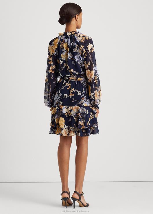 vestido de georgette arrugado con cinturón floral mujer azul marino multi Ralph Lauren 2XR2V4450