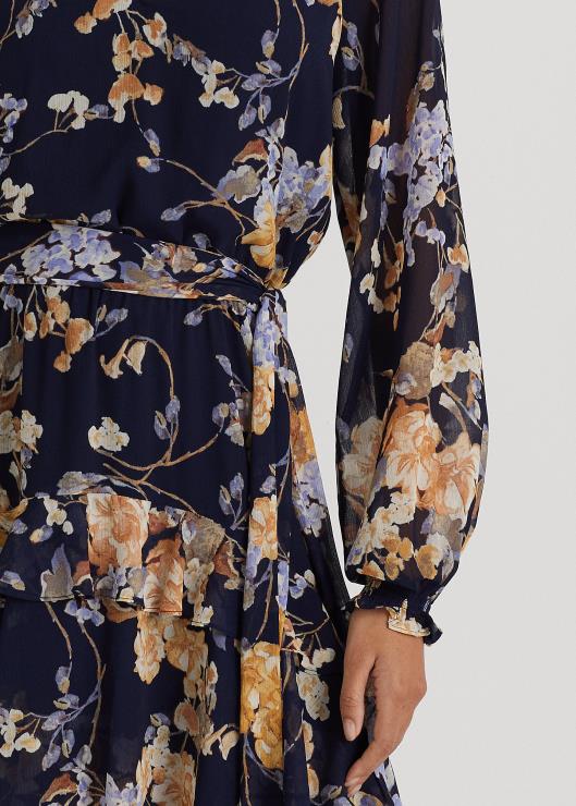 vestido de georgette arrugado con cinturón floral mujer azul marino multi Ralph Lauren 2XR2V4450