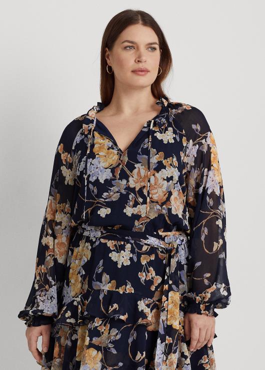 vestido de georgette arrugado con cinturón floral mujer azul marino multi Ralph Lauren 2XR2V4670
