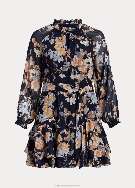 vestido de georgette arrugado con cinturón floral mujer azul marino multi Ralph Lauren 2XR2V4670