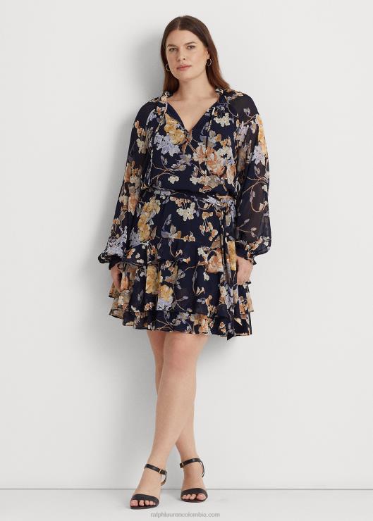 vestido de georgette arrugado con cinturón floral mujer azul marino multi Ralph Lauren 2XR2V4670