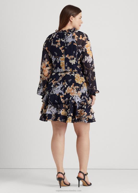 vestido de georgette arrugado con cinturón floral mujer azul marino multi Ralph Lauren 2XR2V4670